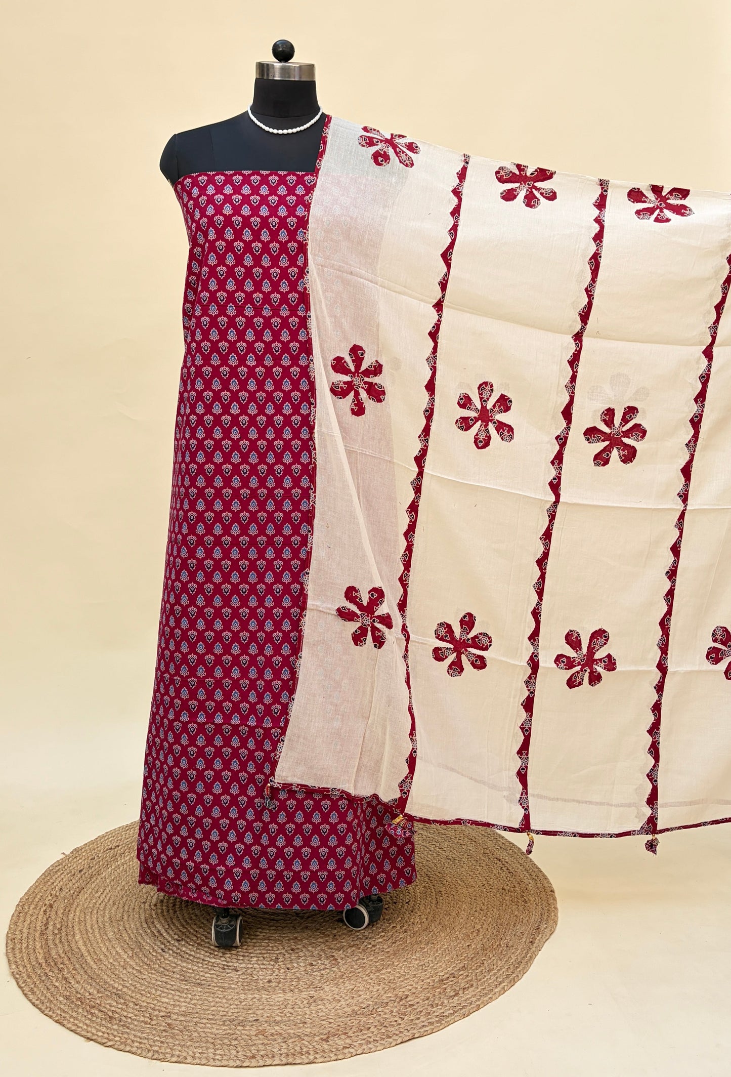 Crimson Ajrakh Cotton SUit with barmer applique work dupatta