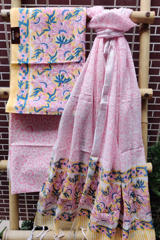 Floral Pink HBP Cotton Suit with Linen Dupatta CLHB-0007