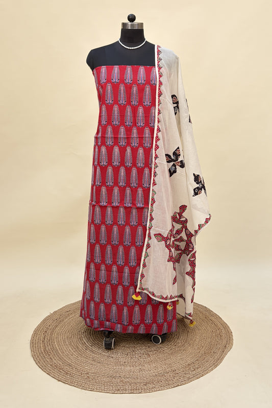 red ajrakh cotton suit with patchwork dupatta