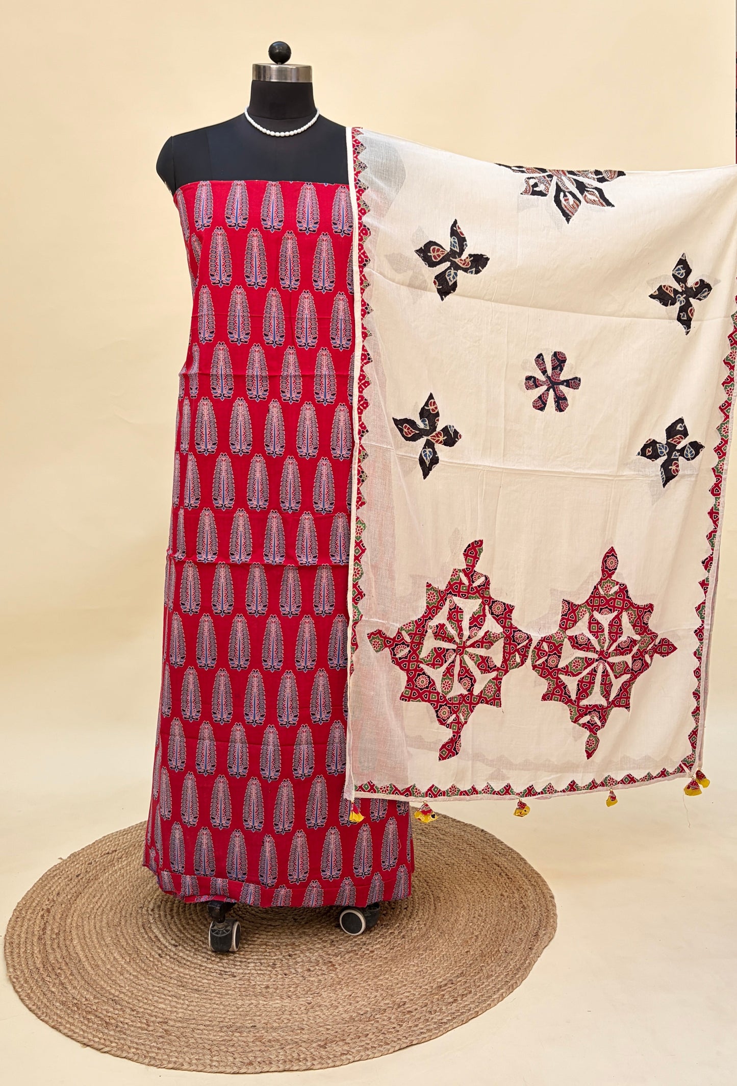 red ajrakh cotton suit with patchwork dupatta