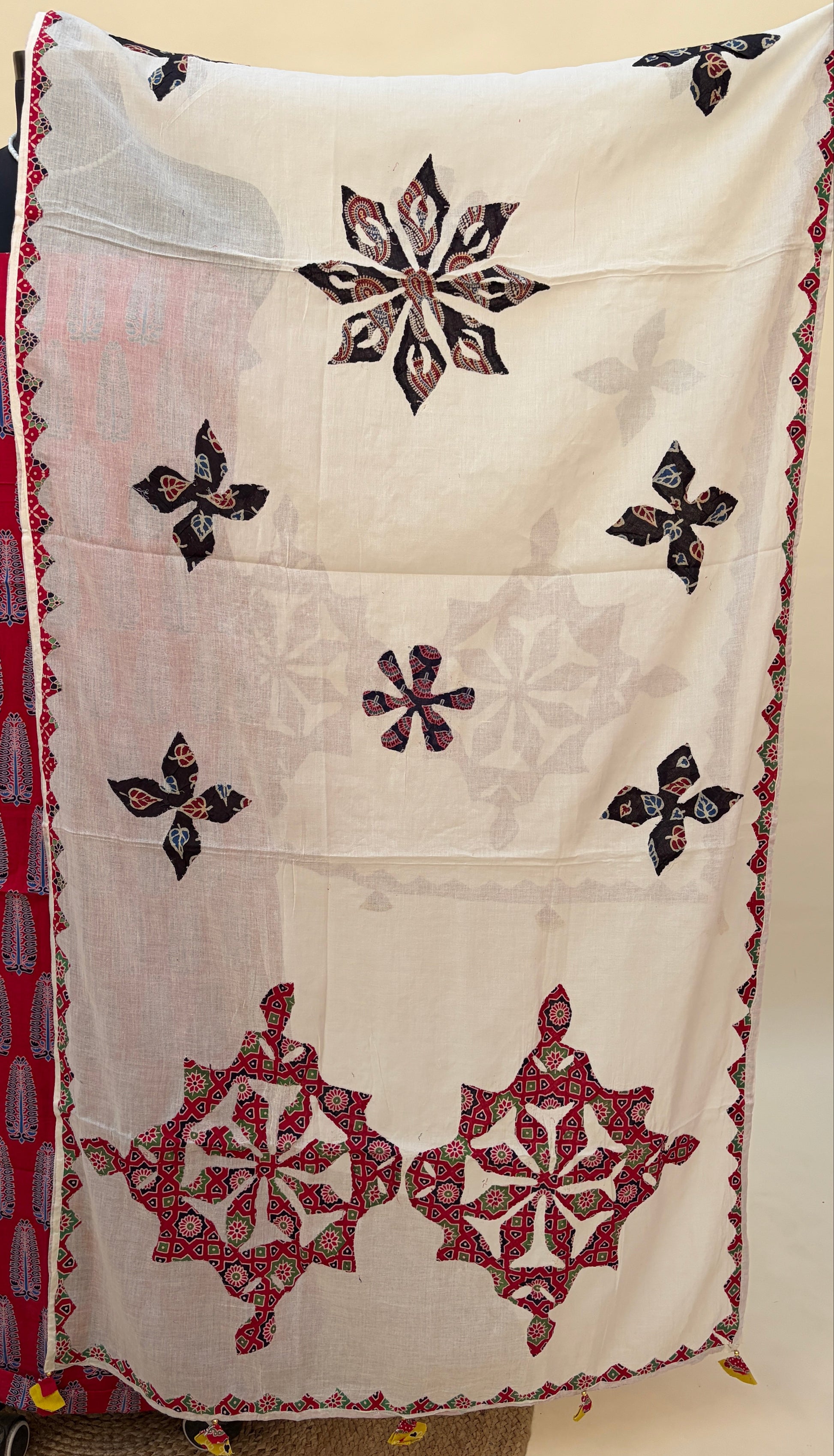 red ajrakh cotton suit with patchwork dupatta