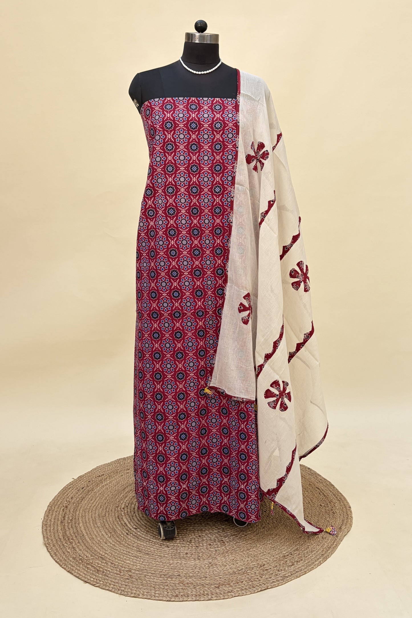 Maroon Ajrakh Cotton Suit with barmer patchwork dupatta
