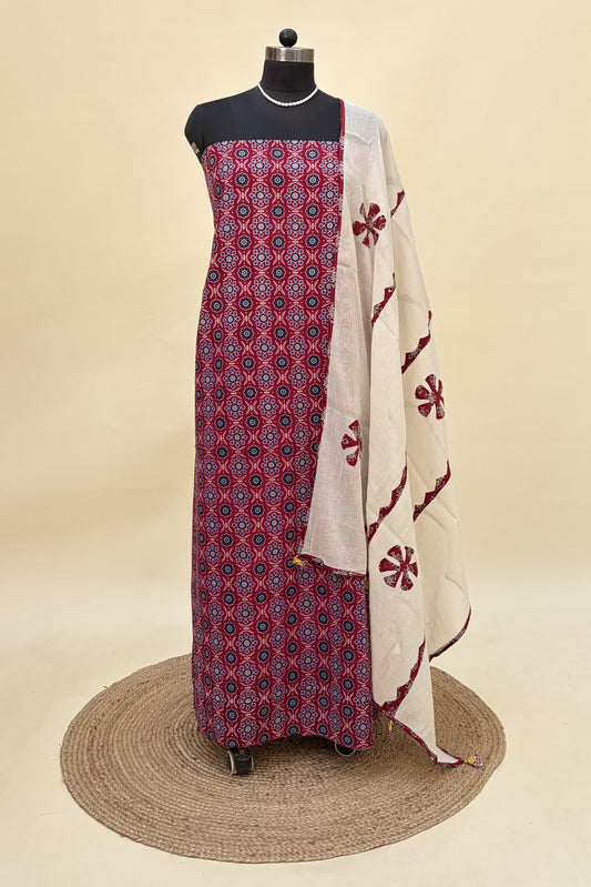 Maroon Ajrakh Cotton Suit with barmer patchwork dupatta