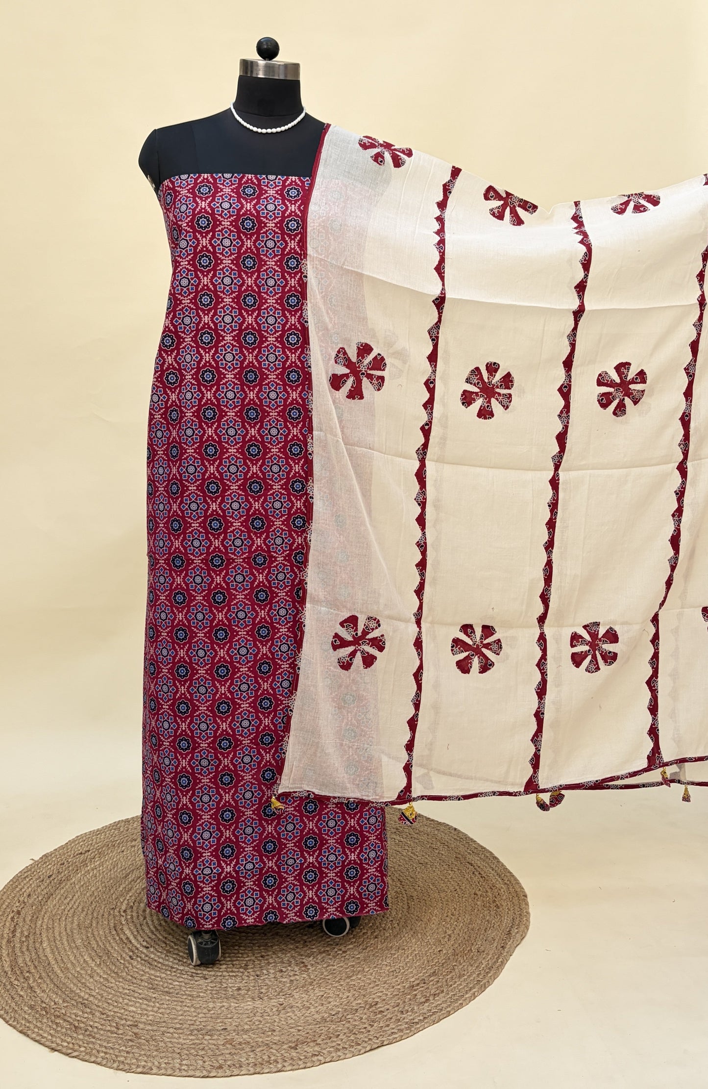 Maroon Ajrakh Cotton Suit with barmer patchwork dupatta