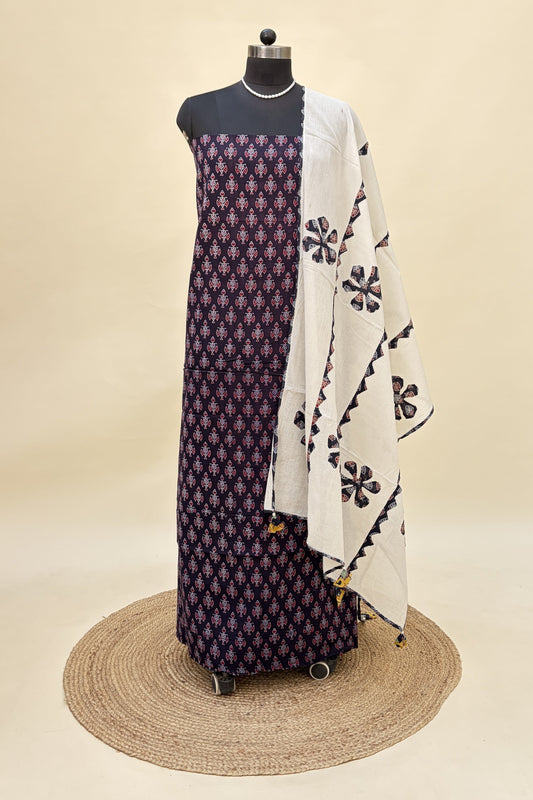 Black Ajrakh cotton suit with barmer patchwork dupatta