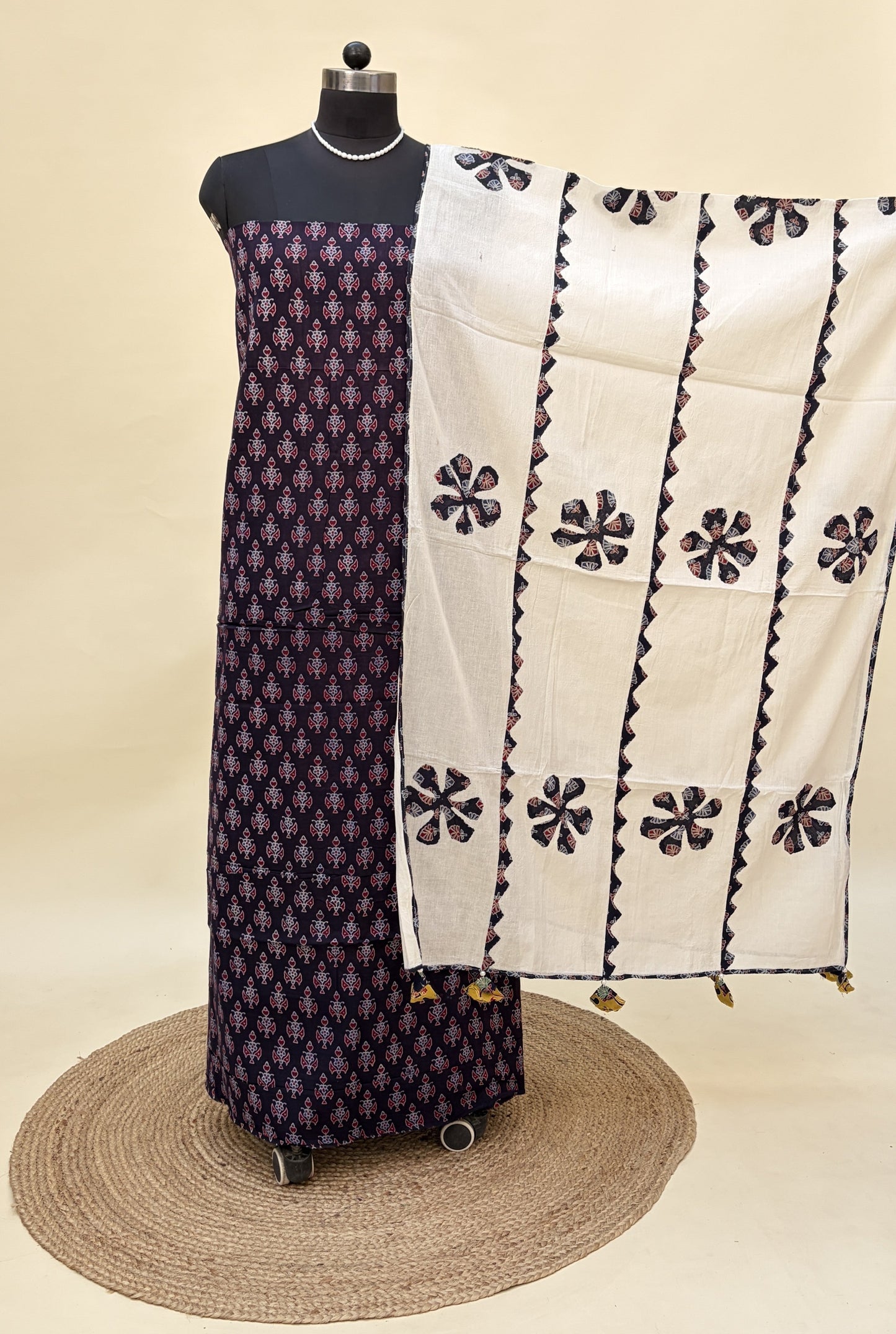 Black Ajrakh cotton suit with barmer patchwork dupatta