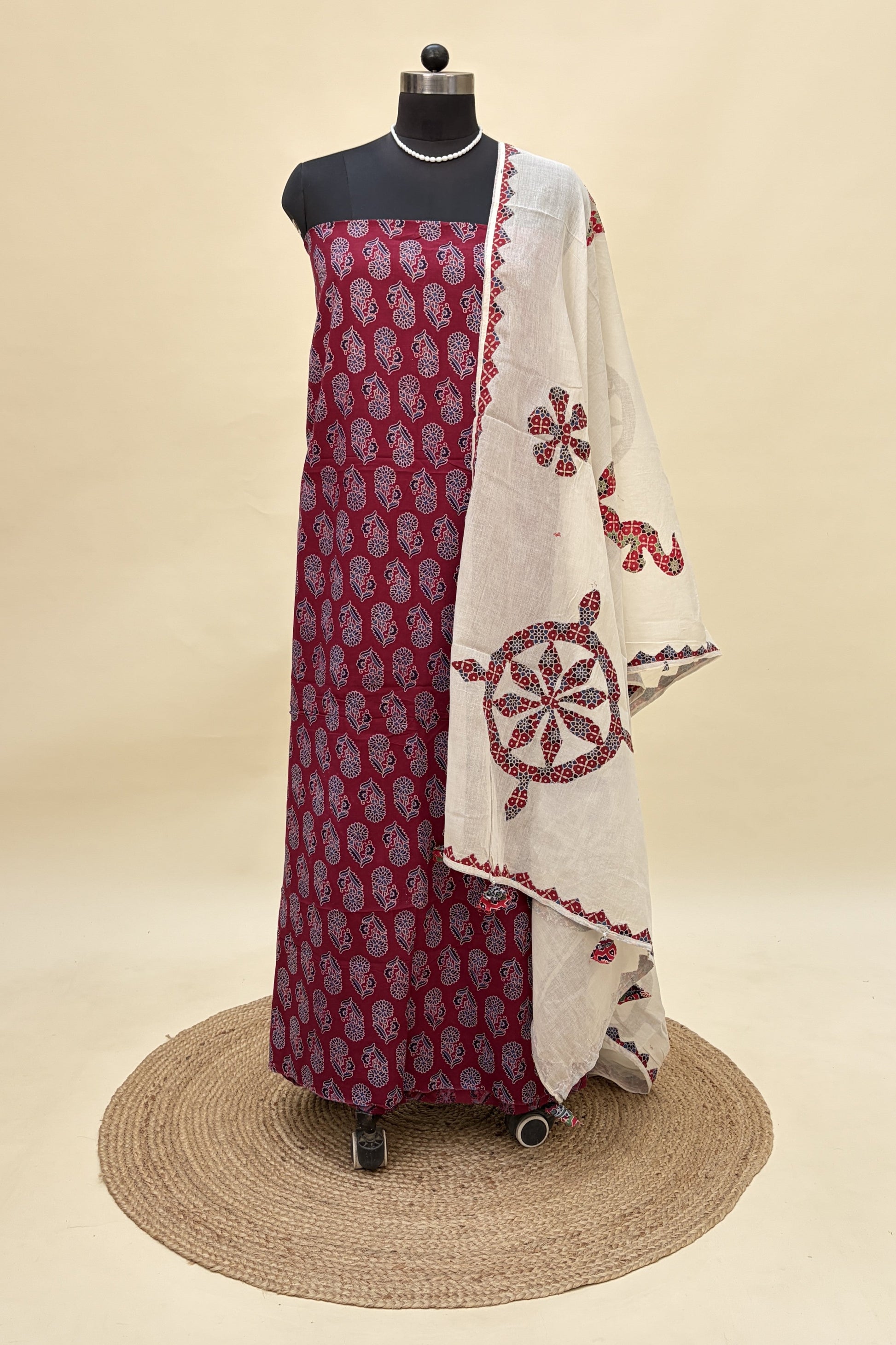 Maroon Ajrakh Cotton Suit with barmer patchwork dupatta