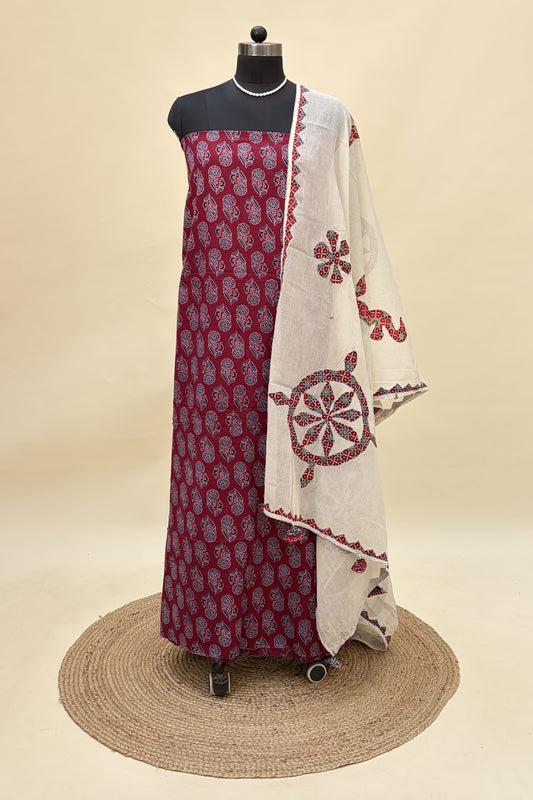 Maroon Ajrakh Cotton Suit with barmer patchwork dupatta