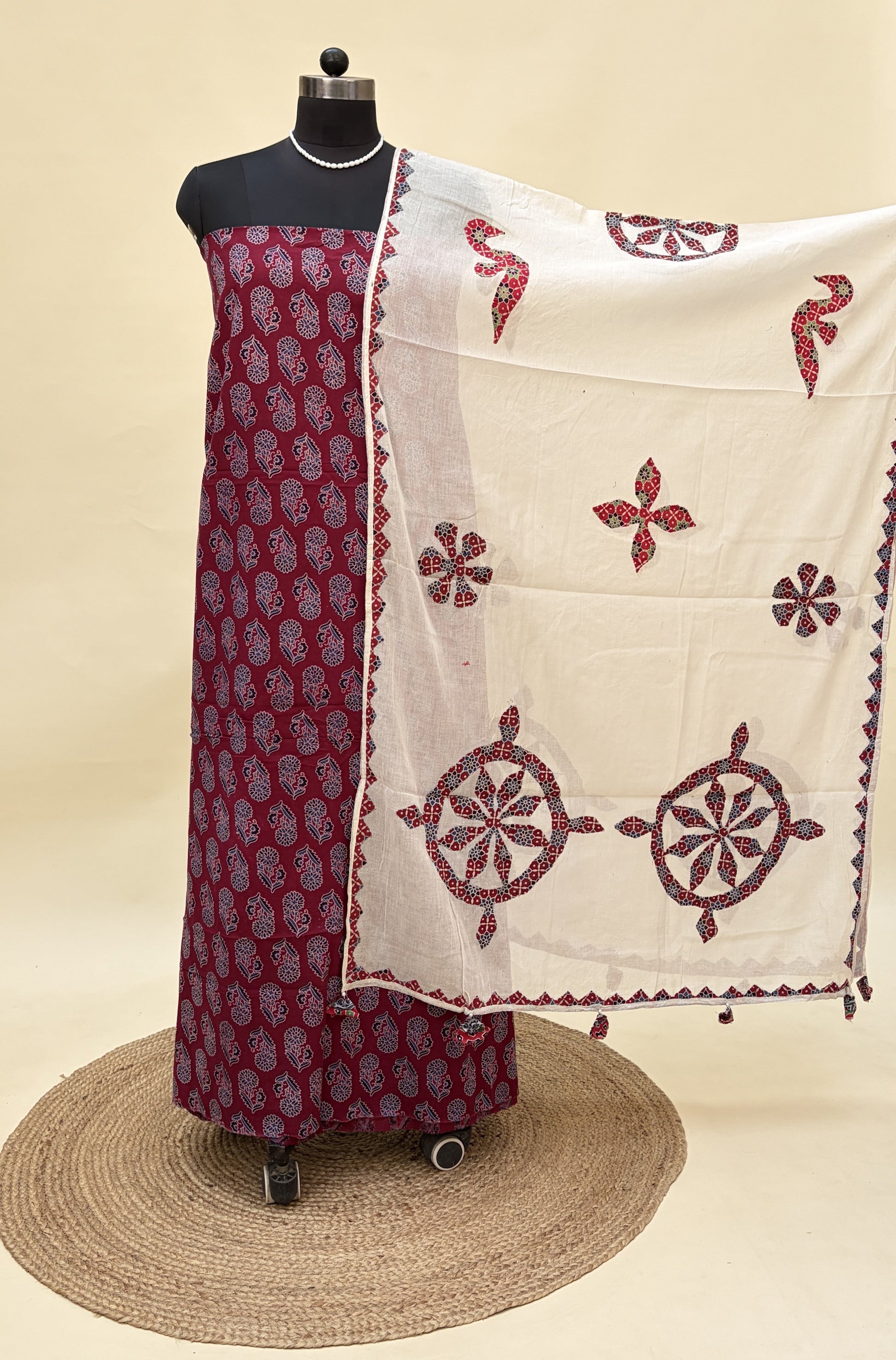 Maroon Ajrakh Cotton Suit with barmer patchwork dupatta