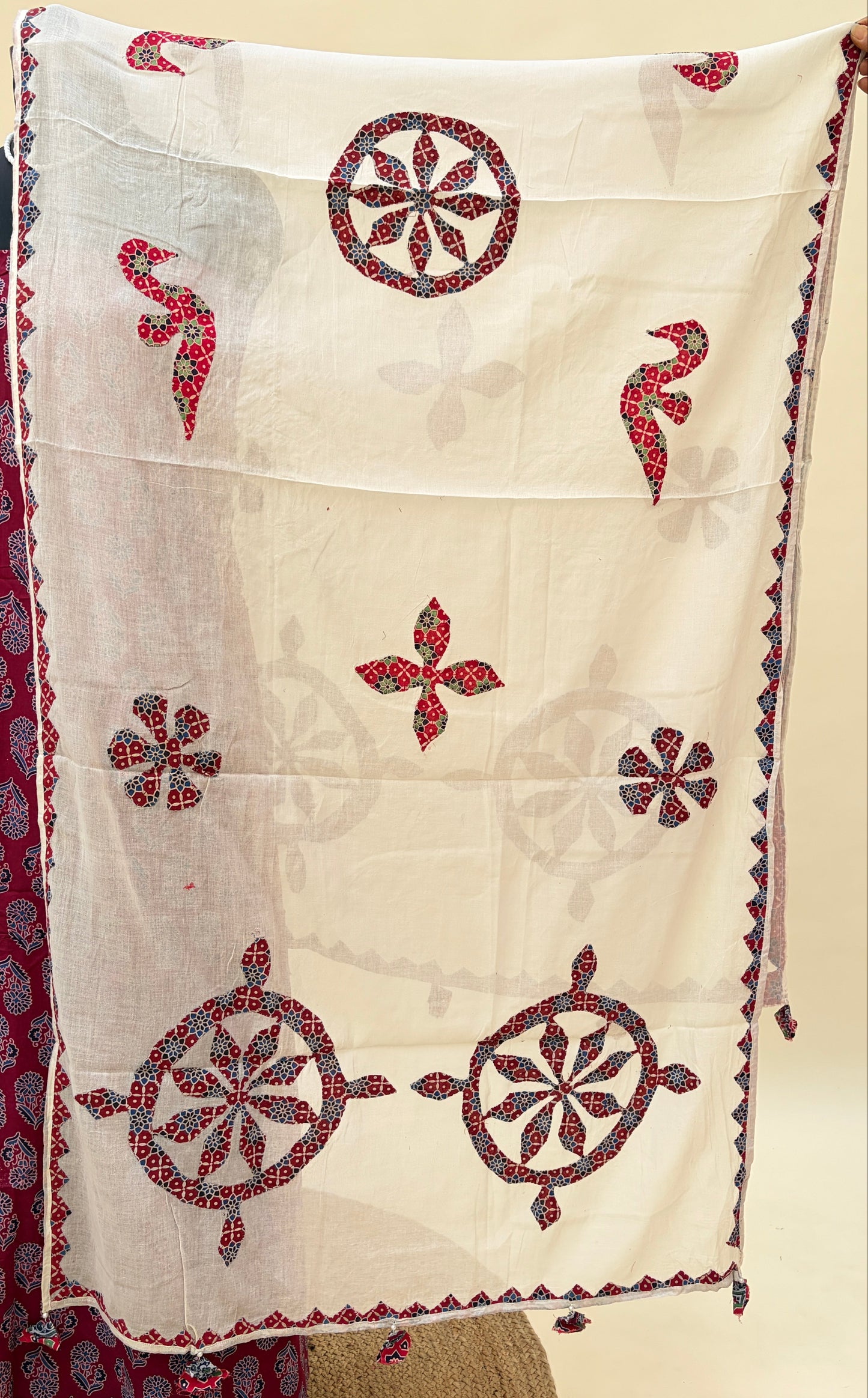 Maroon Ajrakh Cotton Suit with barmer patchwork dupatta