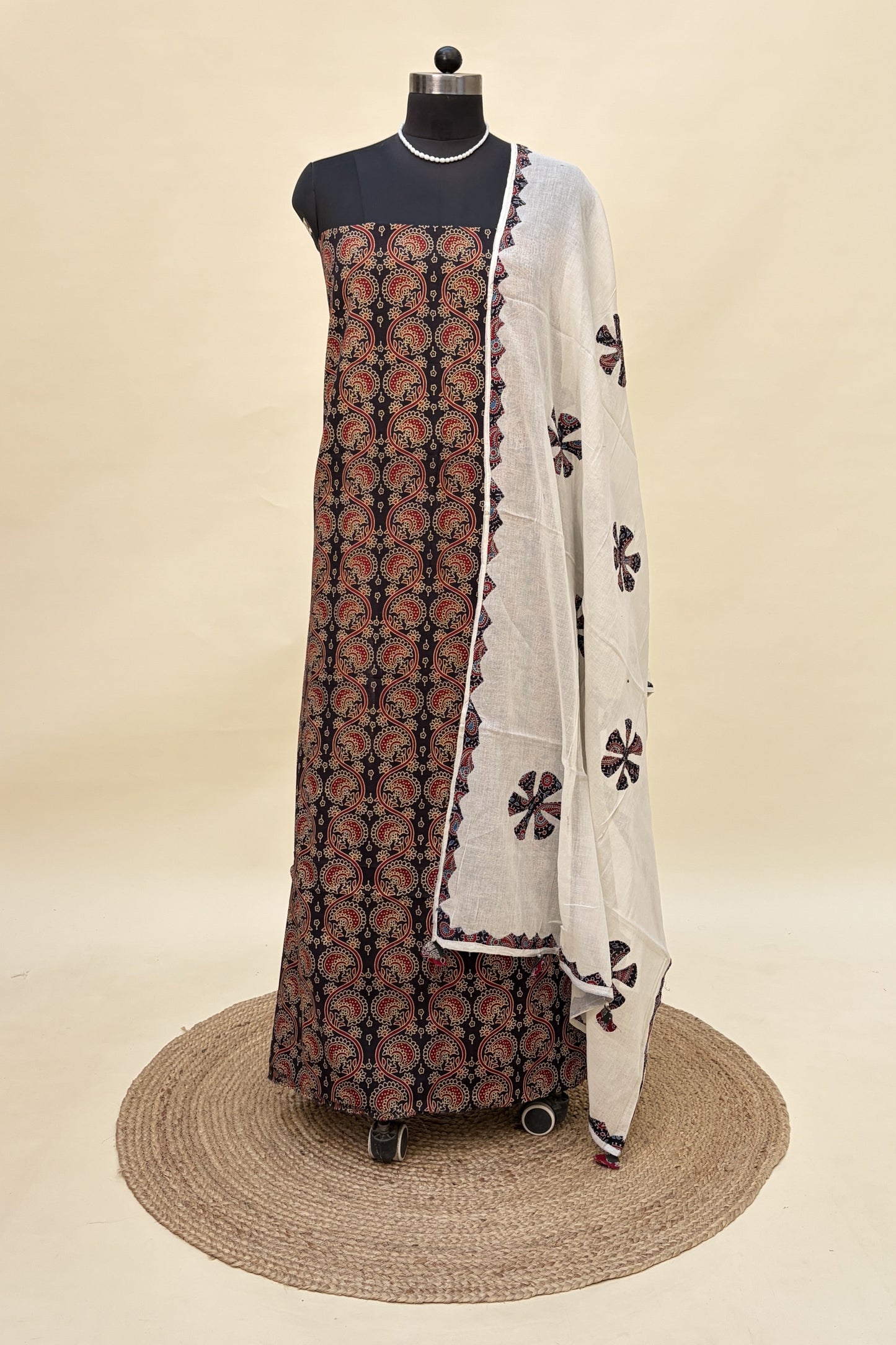 Black Cotton Ajrakh Suit with barmer applique work dupatta