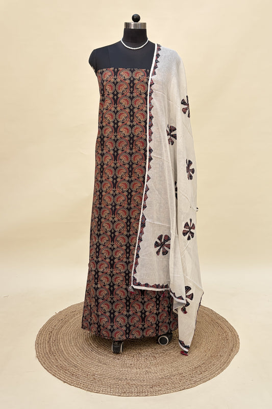 Black Cotton Ajrakh Suit with barmer applique work dupatta