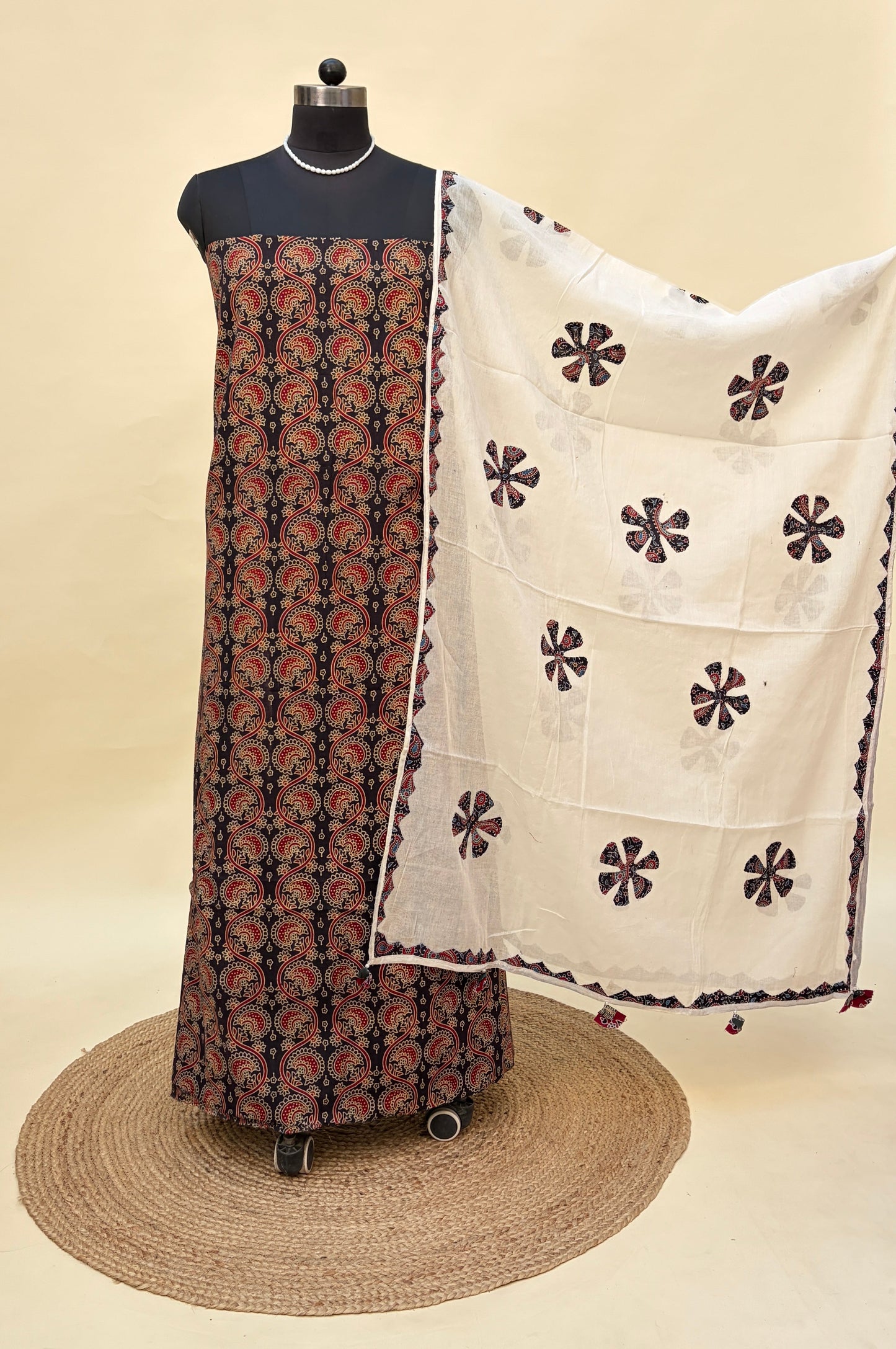 Black Cotton Ajrakh Suit with barmer applique work dupatta
