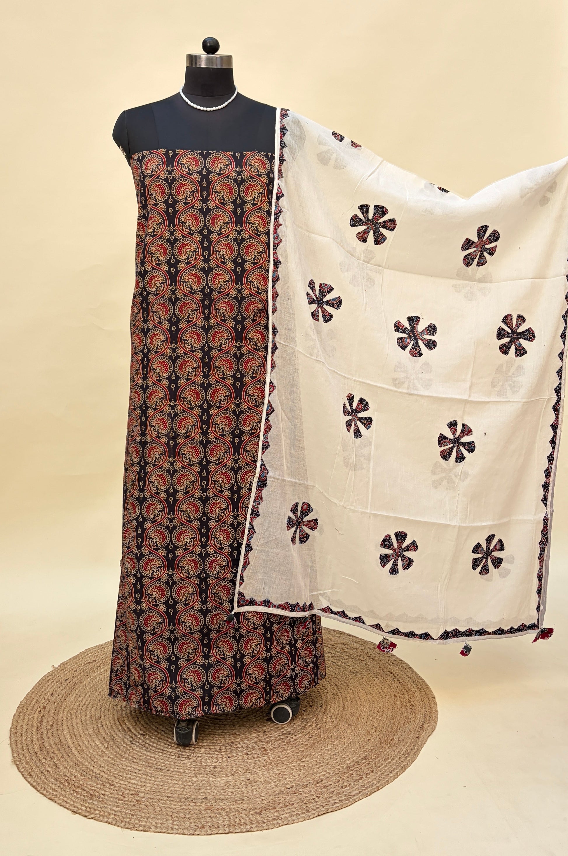 Black Cotton Ajrakh Suit with barmer applique work dupatta