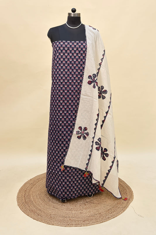 Deep Blue Cotton Ajrakh Suit with Barmer Applique work Dupatta