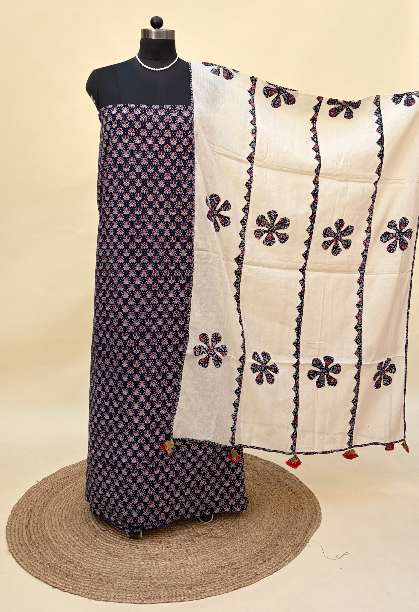 Deep Blue Cotton Ajrakh Suit with Barmer Applique work Dupatta