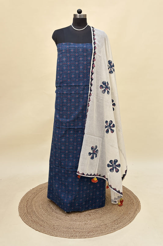 Blue Ajrakh Cotton Suit with barmer applique work dupatta