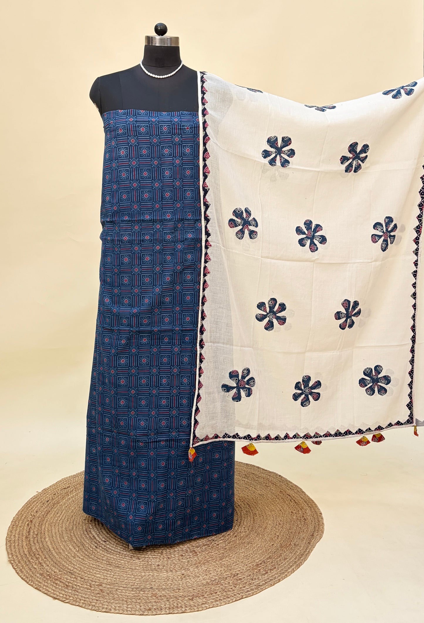 Blue Ajrakh Cotton Suit with barmer applique work dupatta