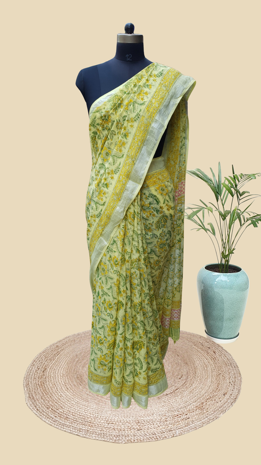 Yellow Hand Block Print Linen Saree