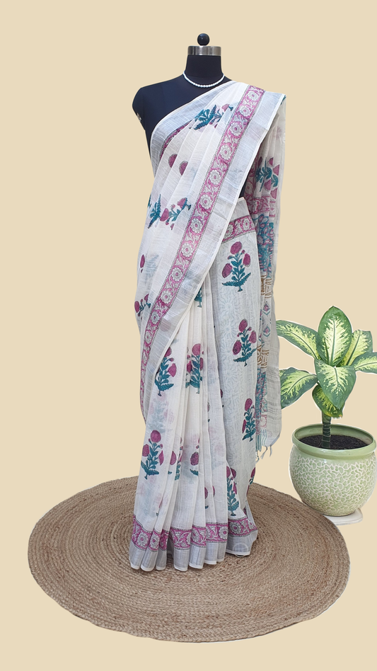 White Hand Block Print Linen Saree