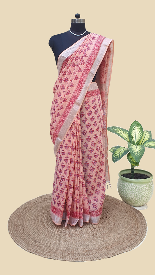 Pink Hand Block Print Linen Saree