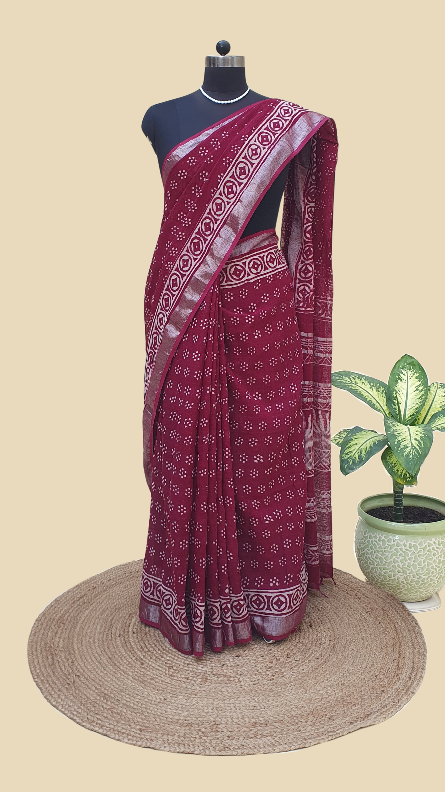 Maroon Hand Block Print Linen Saree