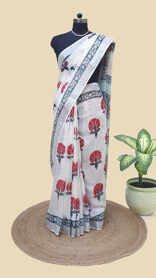 White Hand Block Print Linen Saree
