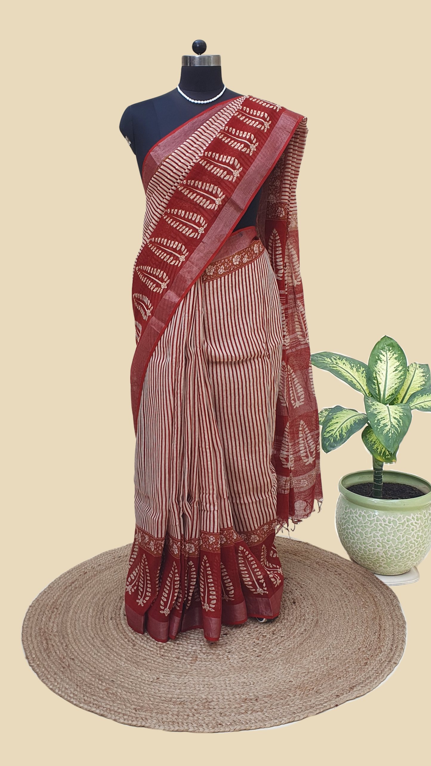 Red Hand Block Print Linen Saree