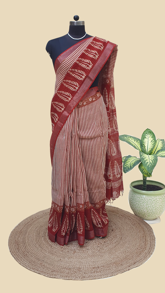 Red Hand Block Print Linen Saree