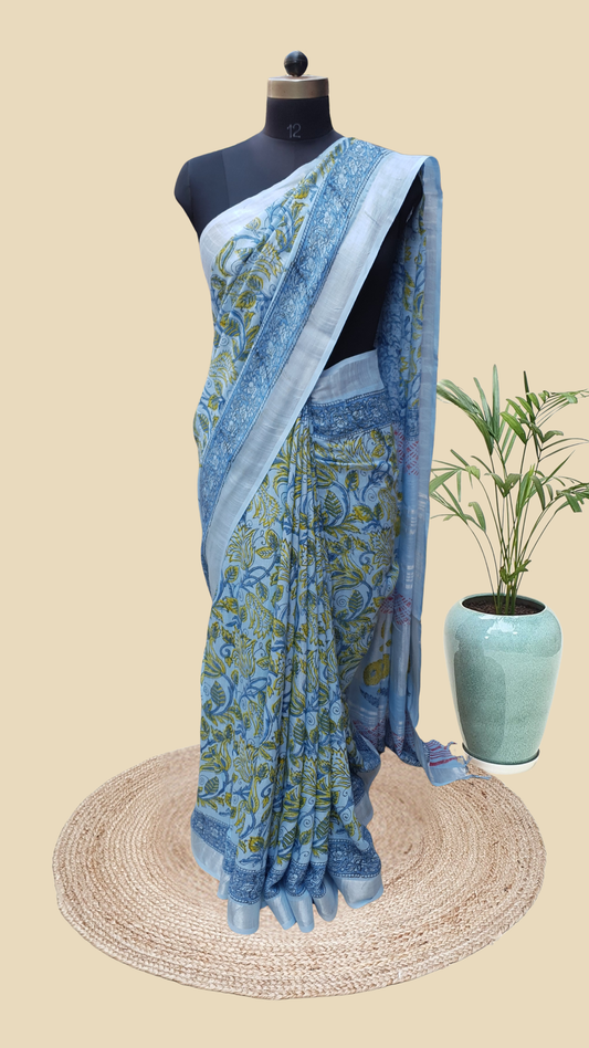 Blue Hand Block Print Linen Saree