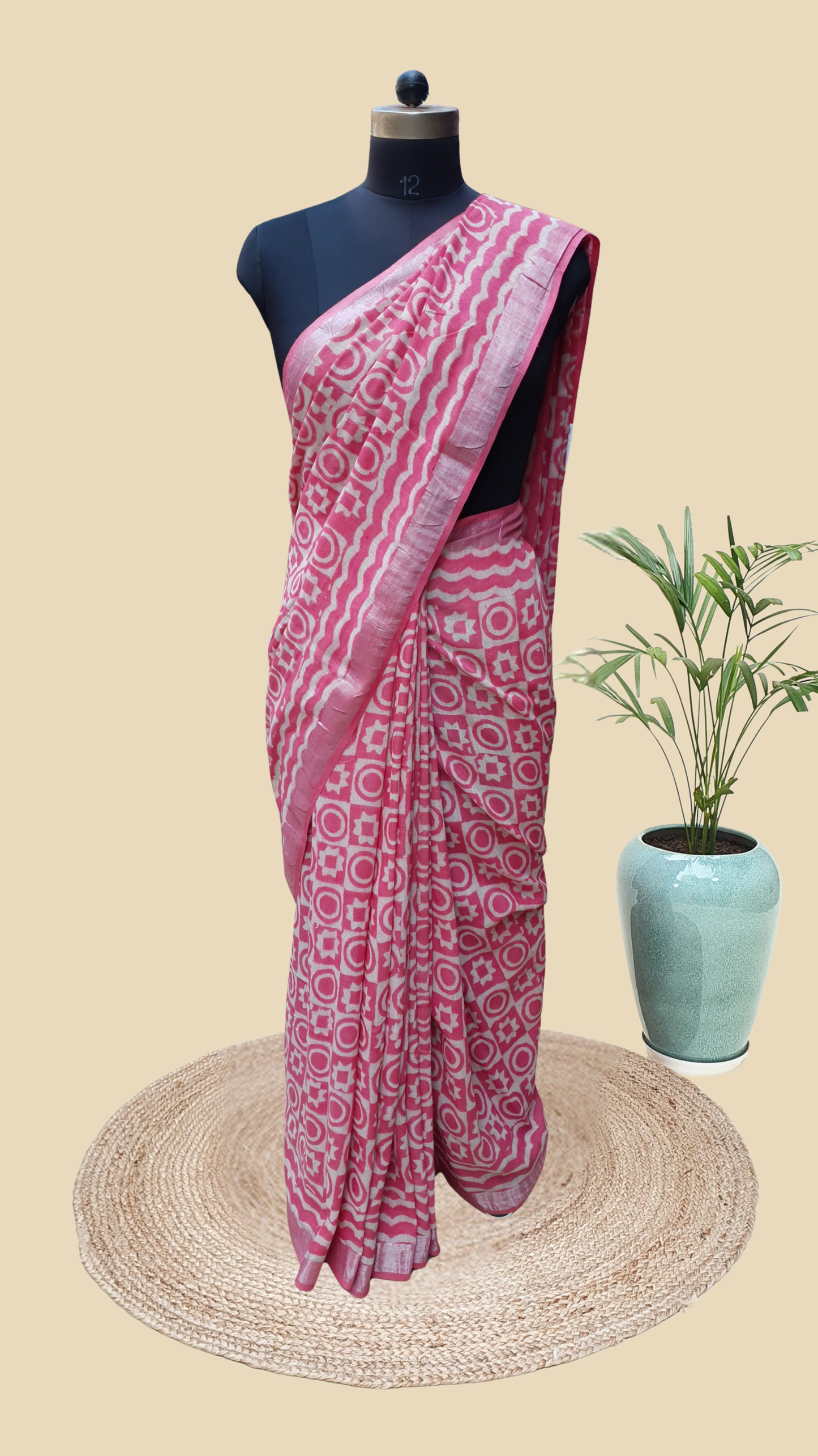 Pink Hand Block Print Linen Saree
