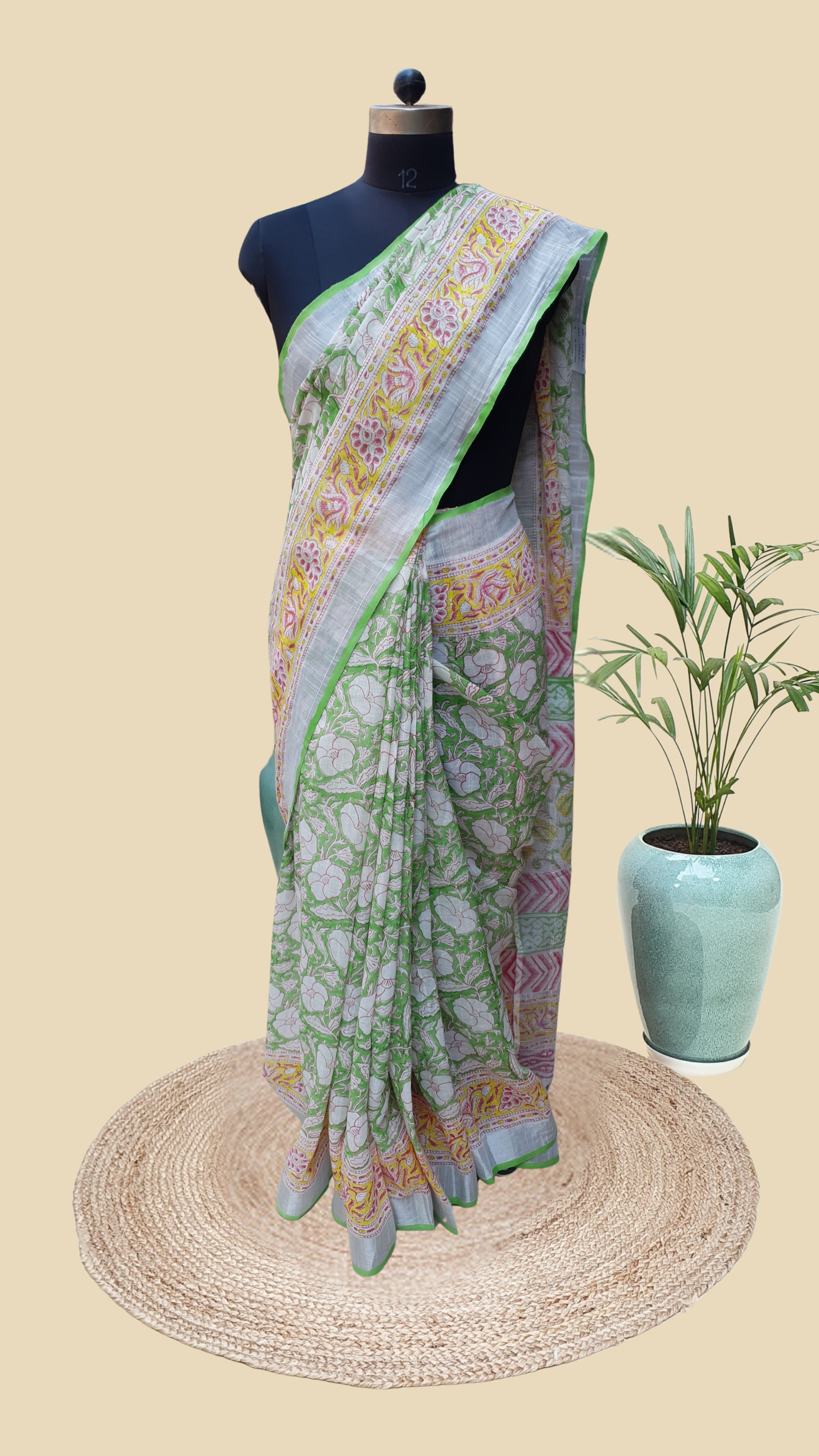 Green Hand Block Print Linen Saree