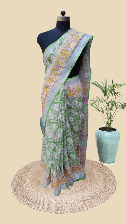 Green Hand Block Print Linen Saree