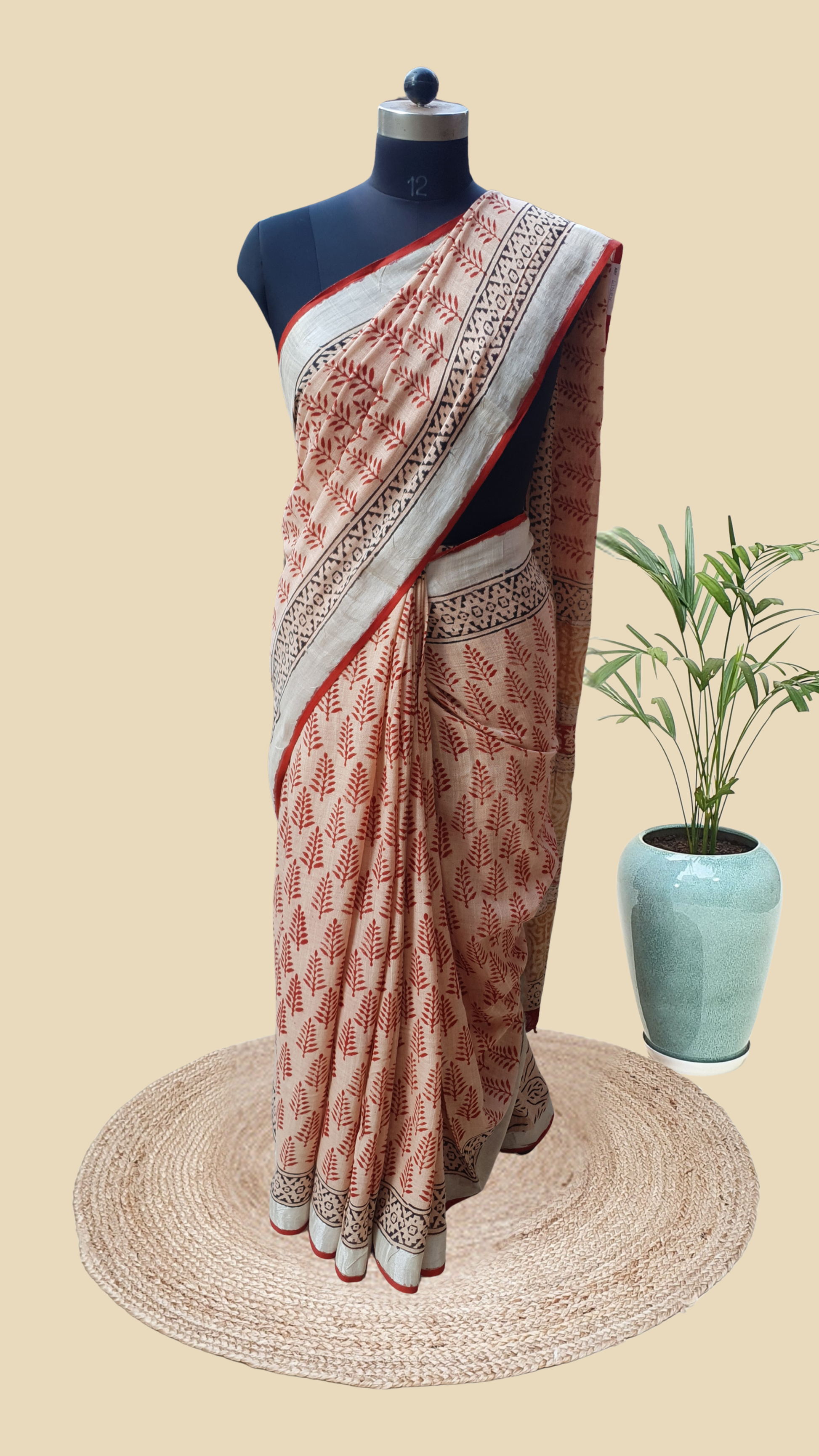 Brown Hand Block Print Linen Saree