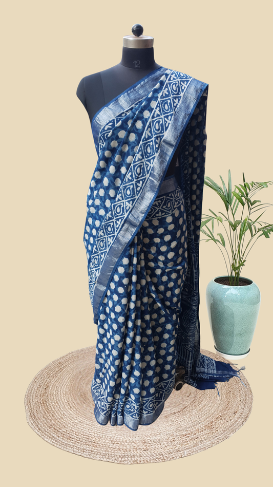 Indigo Hand Block Print Linen Saree