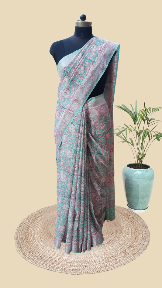 Sea Green Hand Block Print Linen Saree