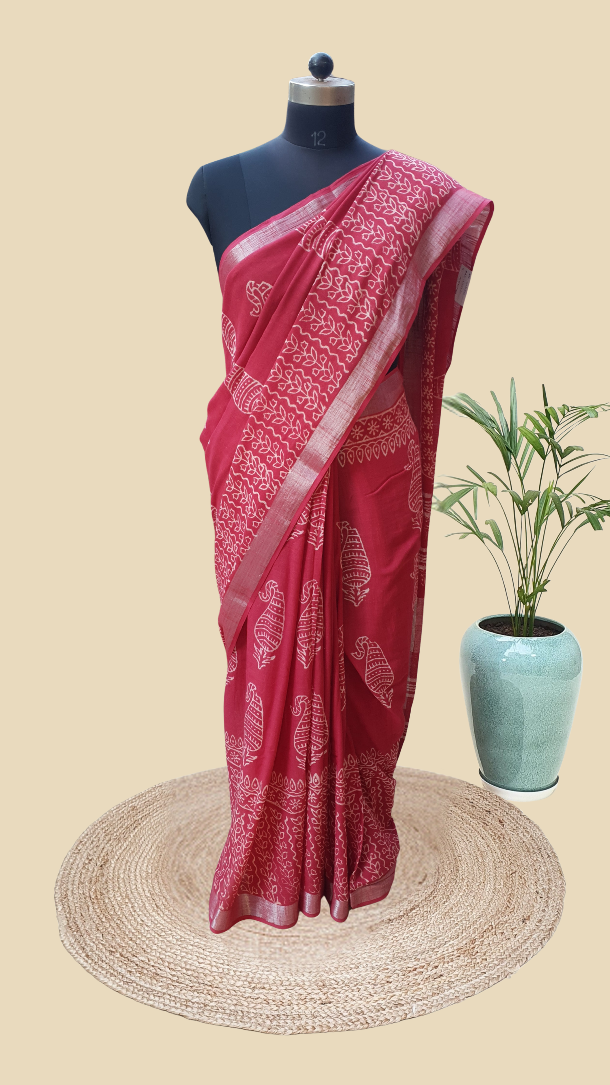 Red Hand Block Print Linen Saree