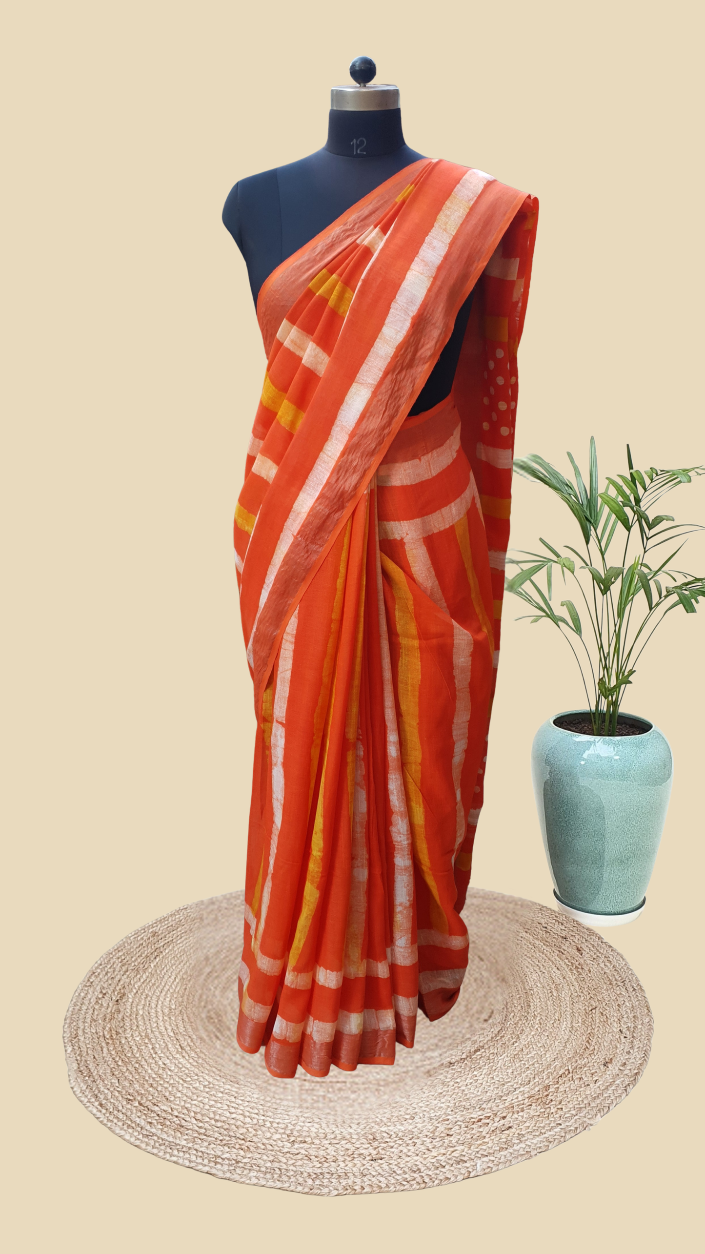 Orange Hand Block Print Linen Saree