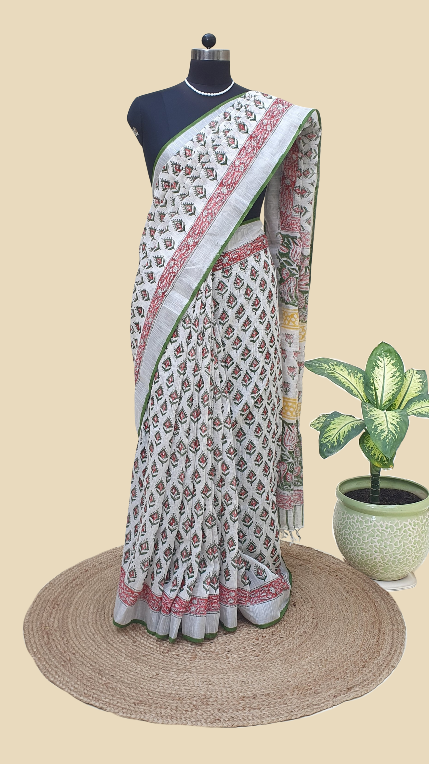 White Hand Block Print Linen Saree