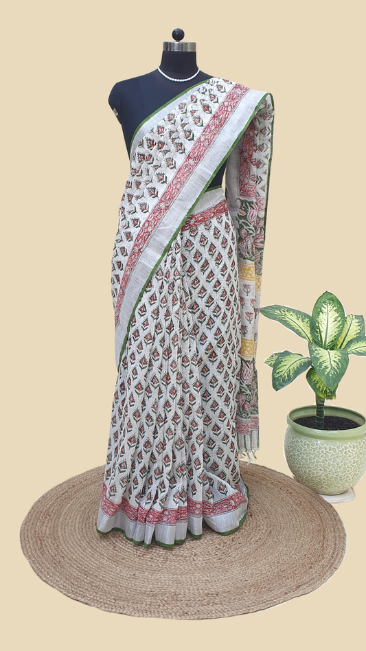 White Hand Block Print Linen Saree