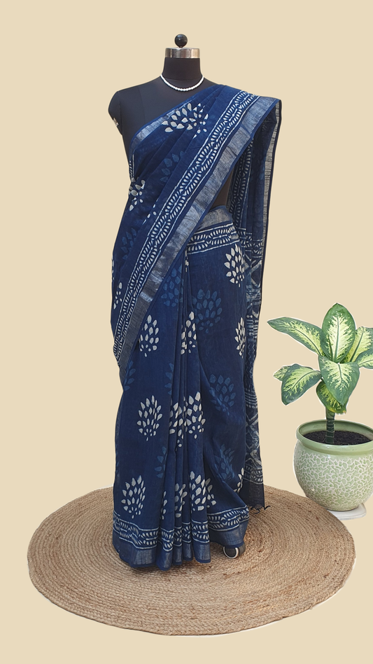 Indigo Hand Block Print Linen Saree