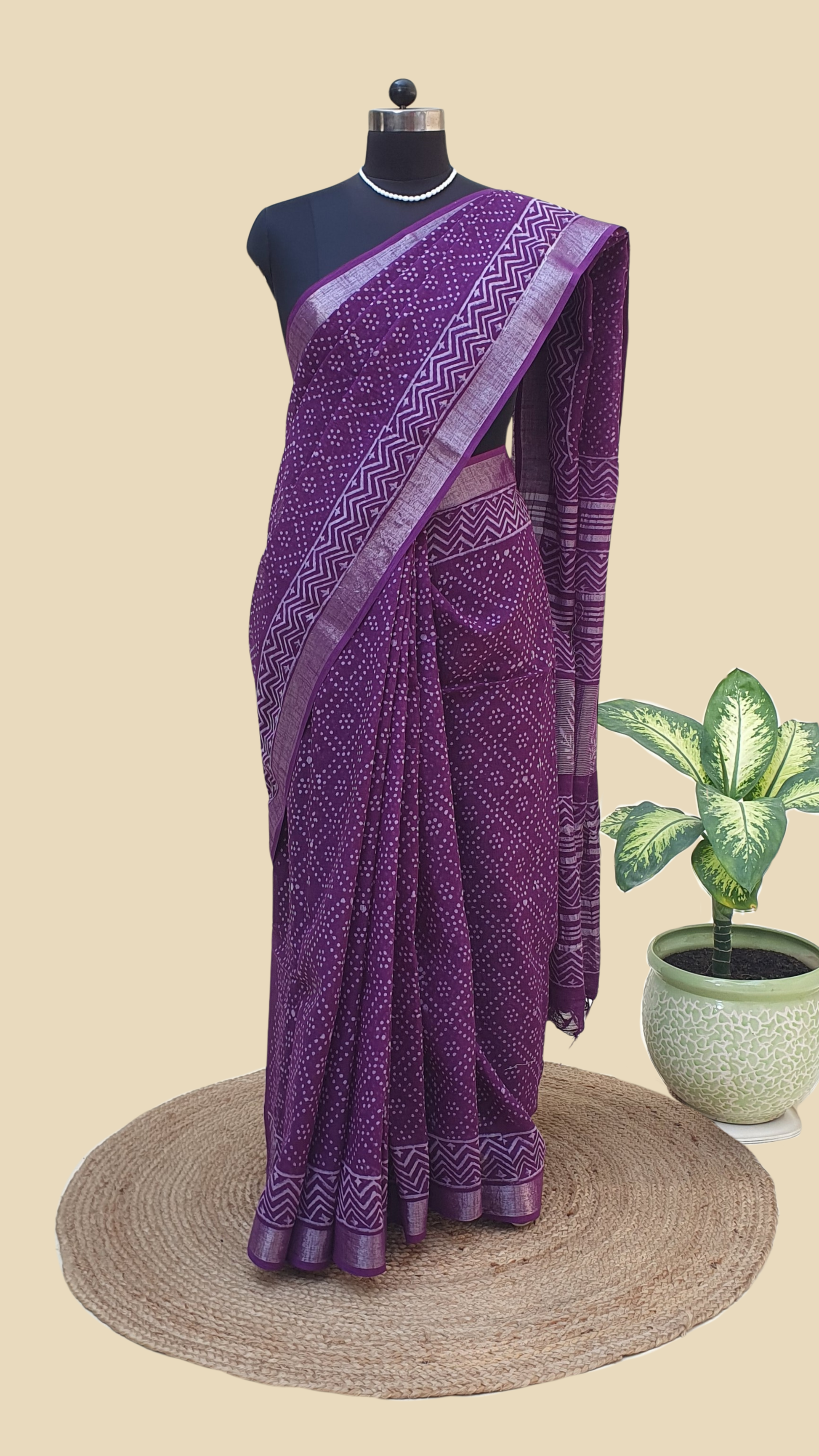 Purple Hand Block Print Linen Saree