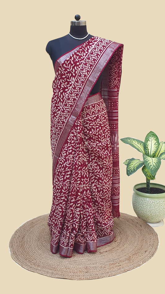 Red Hand Block Print Linen Saree