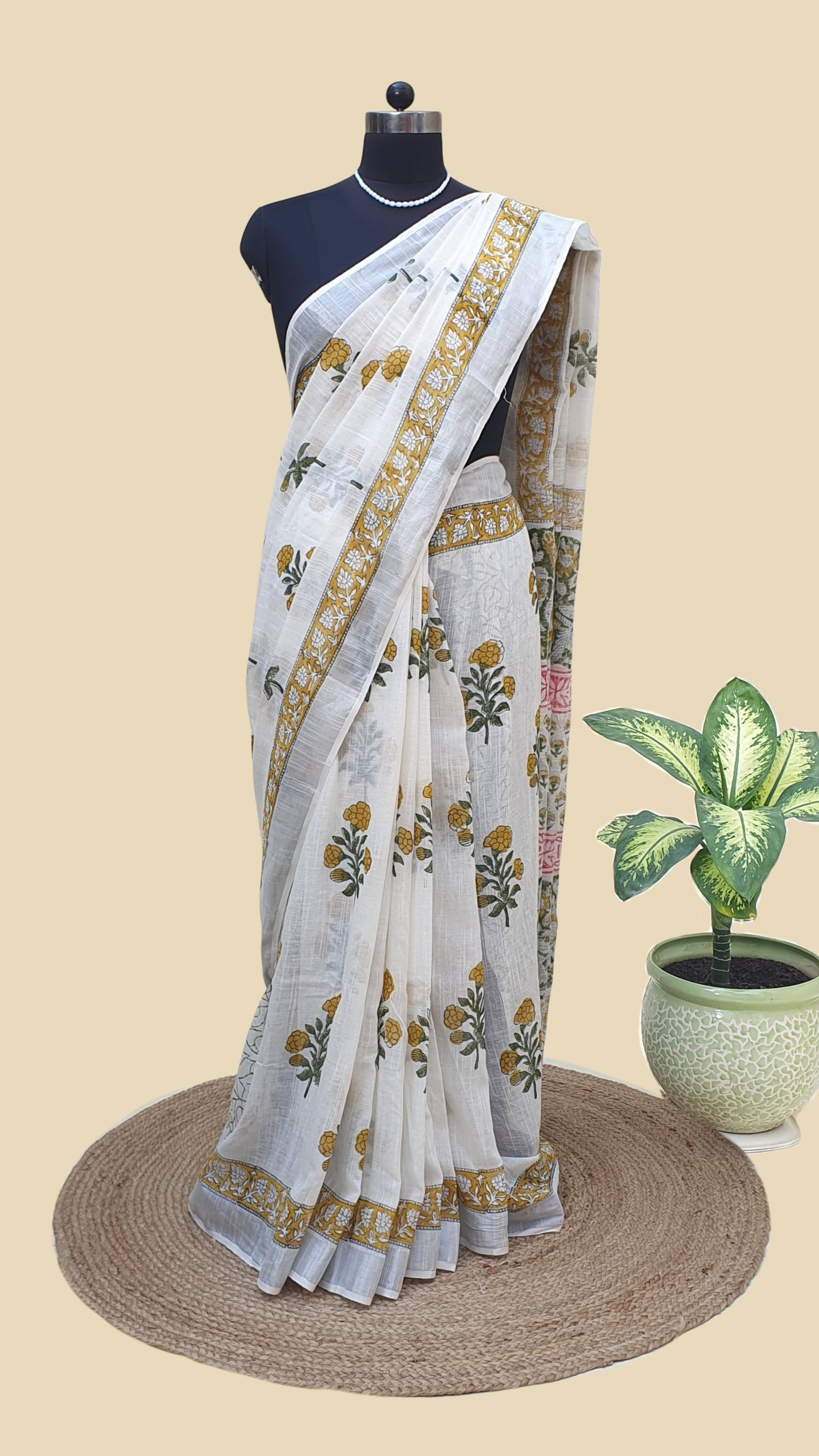 White Hand Block Print Linen Saree