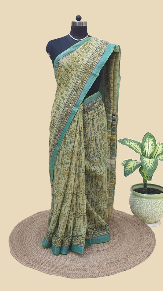 Green Hand Block Print Linen Saree