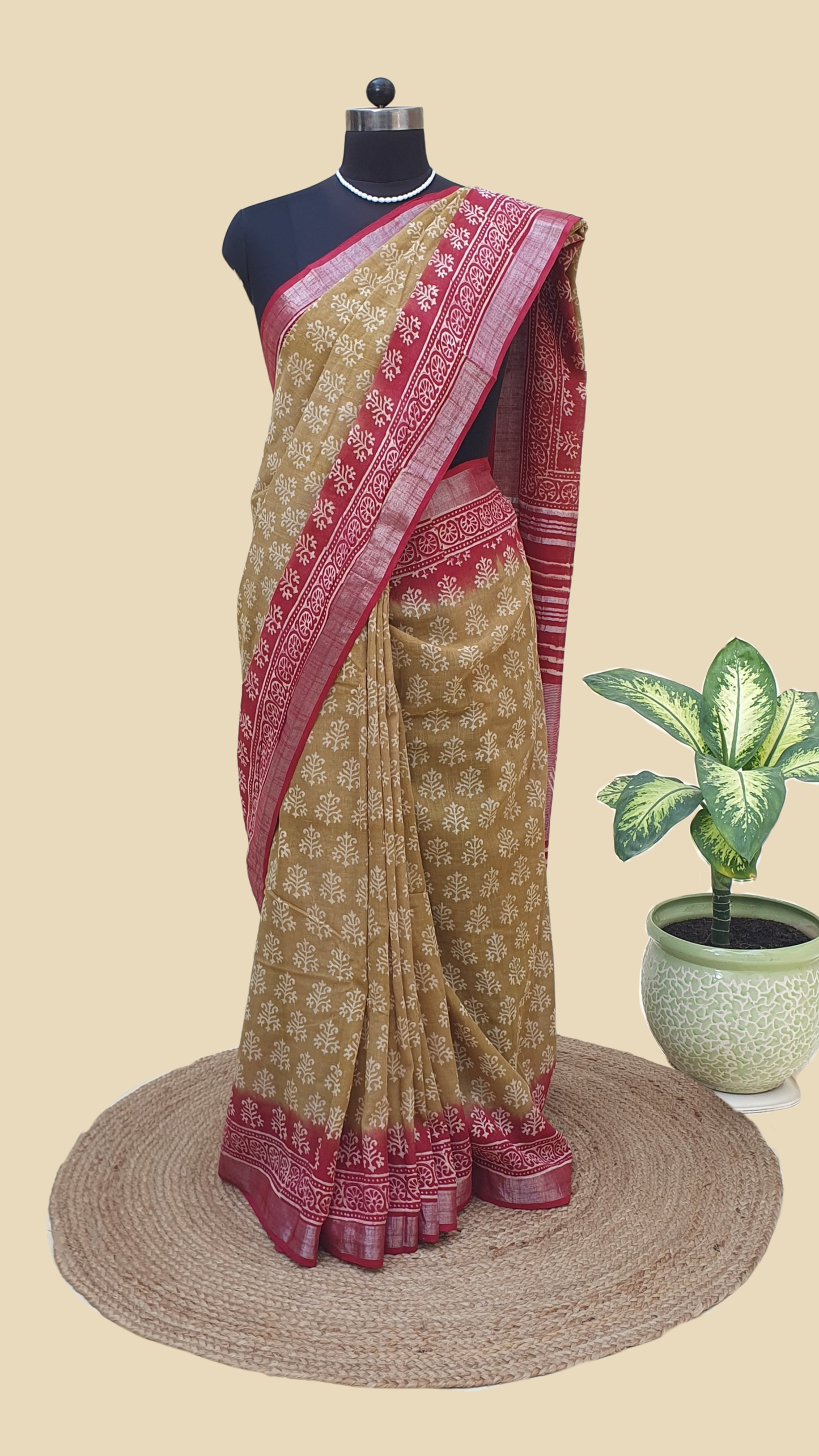 Beige and Pink Hand Block Print Linen Saree