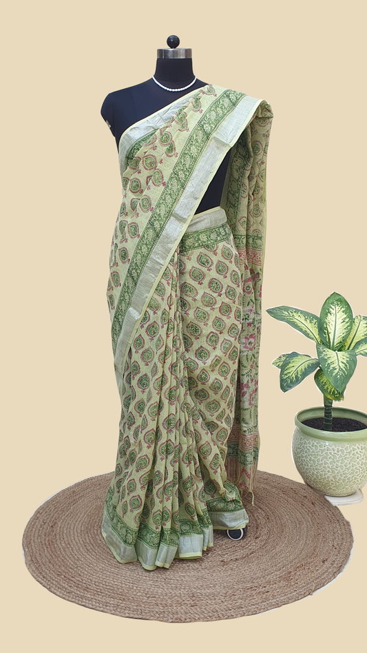 Green Hand Block Print Linen Saree