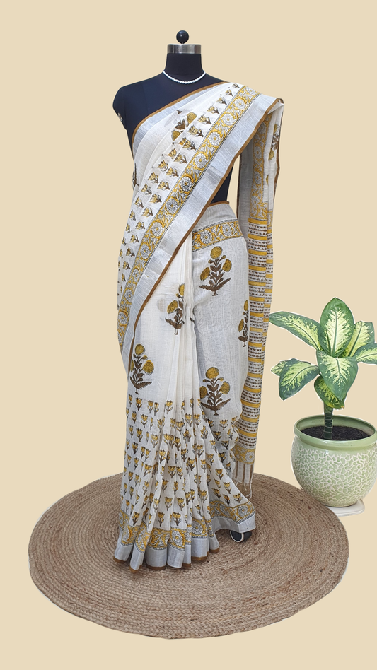 White Hand Block Print Linen Saree