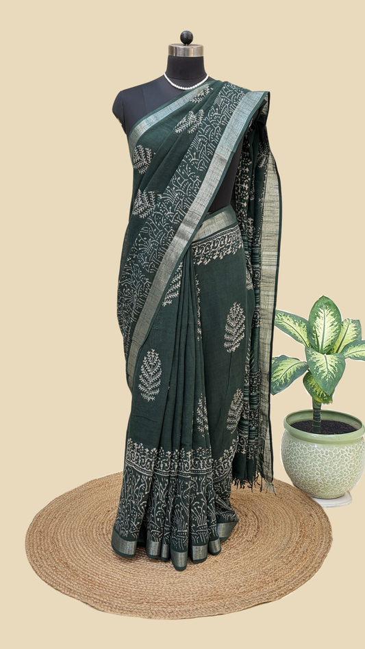 Dark Green Hand Block Print Linen Saree