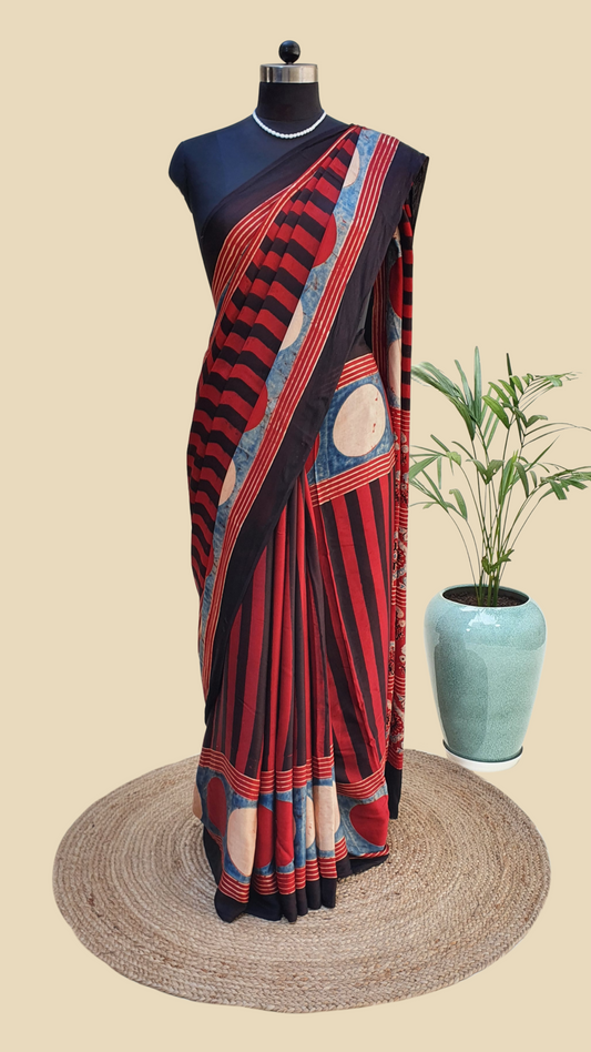 Opera Red Ajrakh Modal Silk Saree | MSAJ-0009
